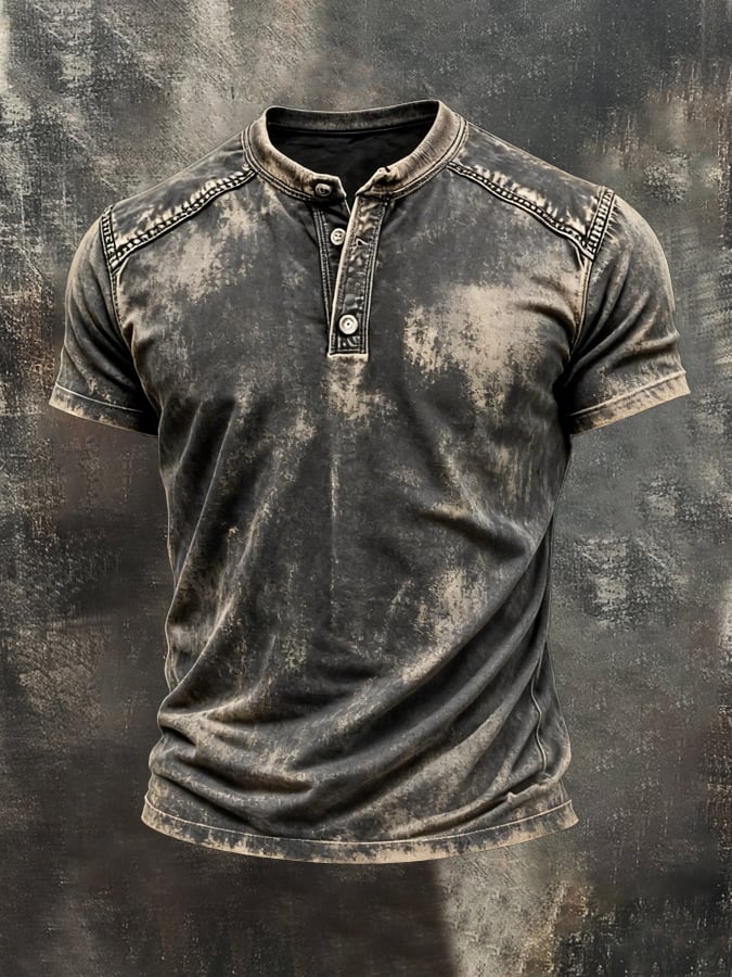Men's Retro Pure Cotton Washed Color Block Casual Henley Collar Short-Sleeve Top