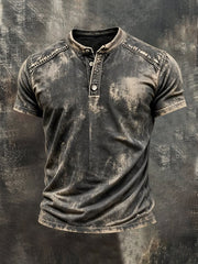 Men's Retro Pure Cotton Washed Color Block Casual Henley Collar Short-Sleeve Top