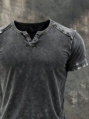 Men's Retro Distressed Frayed Edge Small V-Neck Short-Sleeve Top