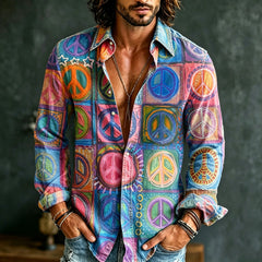 Men's Retro Hippie Style Peace Sign Print Shirt.