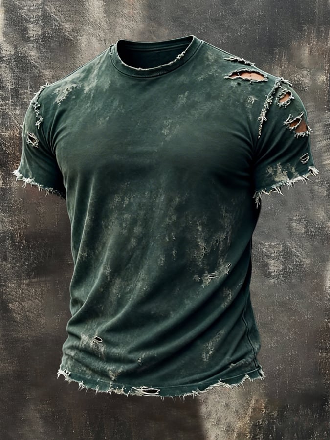 Men'S Vintage Distressed Soft Ripped Frayed Round Neck Short-Sleeved Top
