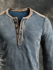Men's Washed Color Block Casual Henry Long-Sleeve T-Shirt
