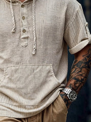 Men's Retro Striped Cotton Linen Hooded Button-Up Short-Sleeve T-Shirt