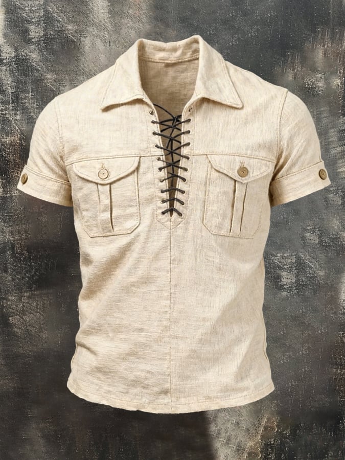 Men's Retro Cotton Linen Tie-Waist Short-Sleeve T-Shirt