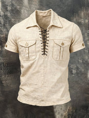 Men's Retro Cotton Linen Tie-Waist Short-Sleeve T-Shirt