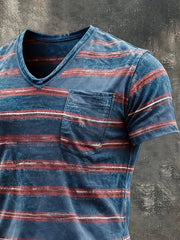 Men's Retro Striped Color Block V-Neck Short-Sleeve T-Shirt