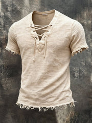 Men'S Cotton And Linen Ethnic Style Short-Sleeved T-Shirt With Frayed Edges