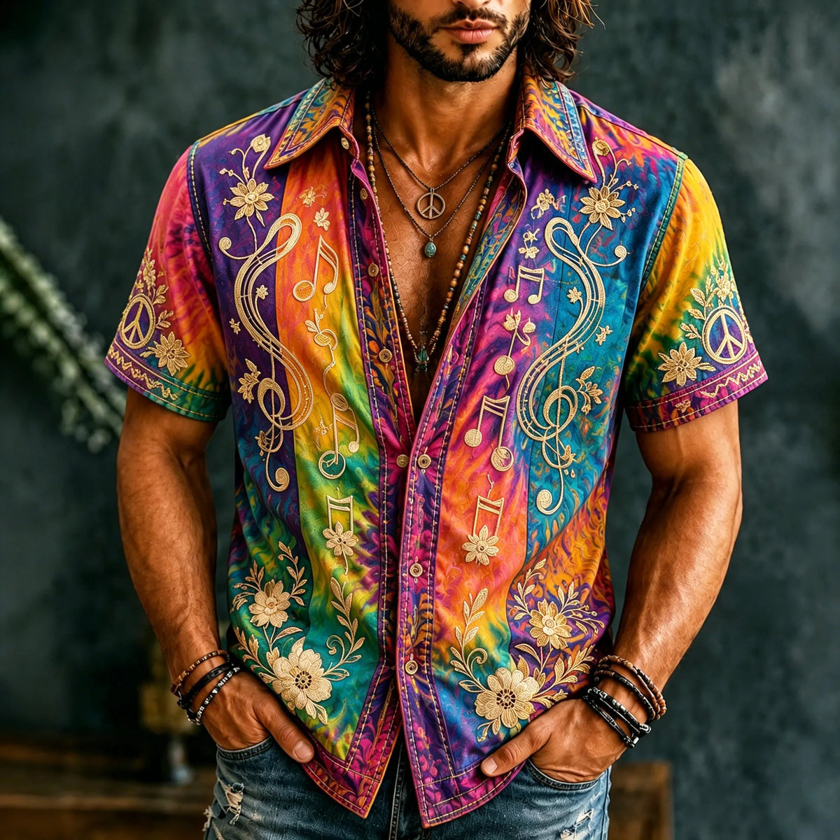 Men's Retro Hippie Floral  With Note Embroidery Art Short Sleeve Shirt