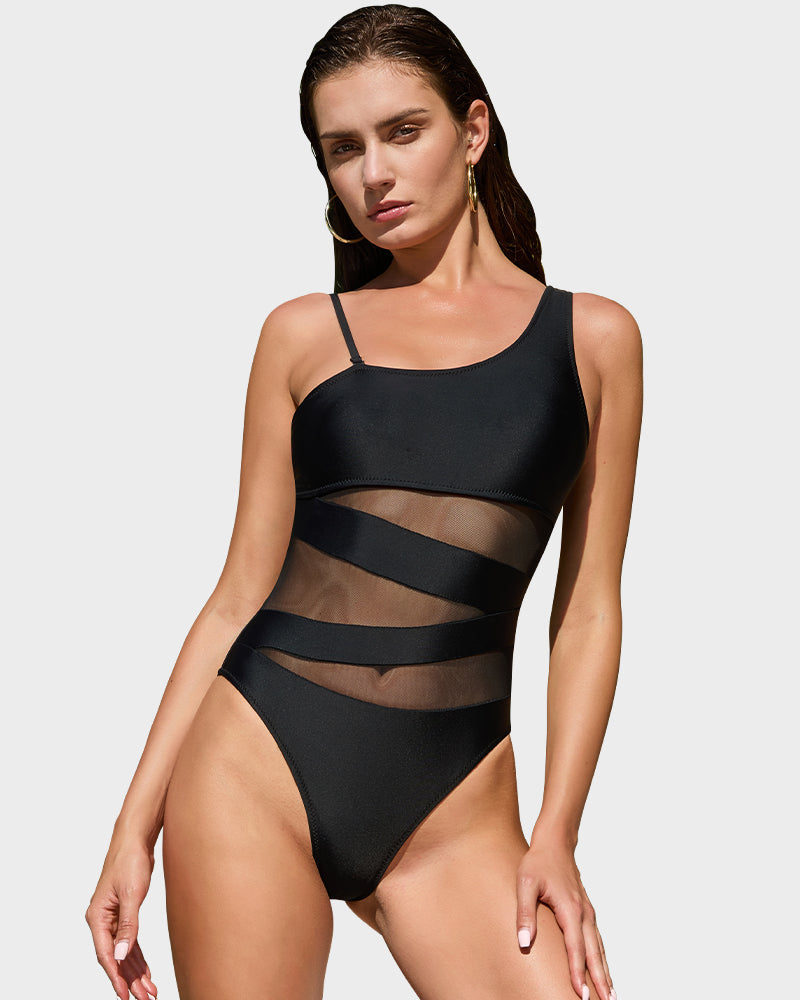 One Shoulder Mesh Insert High Cut One-Piece Swimsuit - view 4