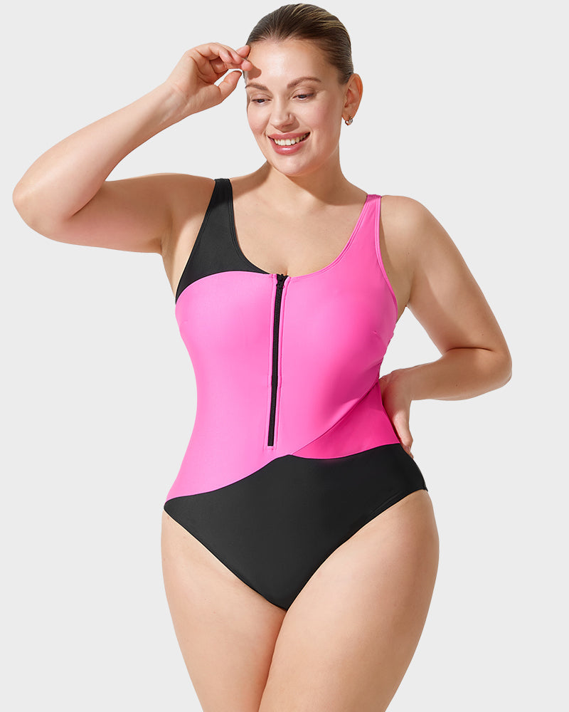 Trendy Color-Blocked Front Zip Tank Swimsuit - view 3