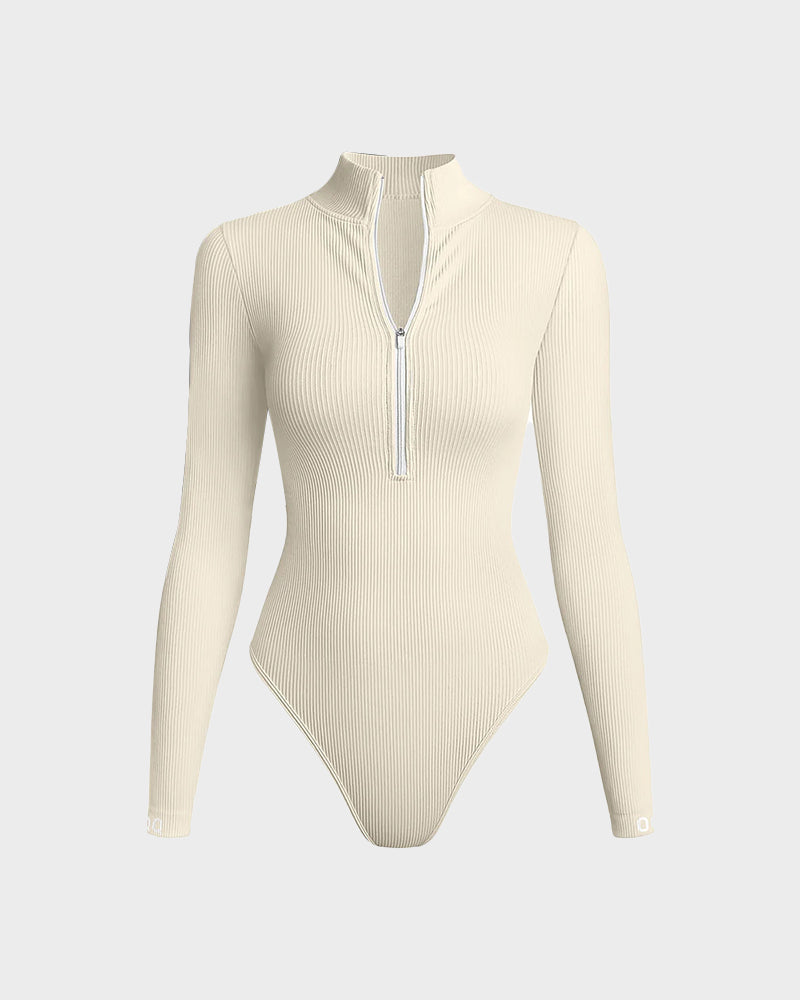 Ribbed Long Sleeve Half-Zip Shaping Bodysuit - view 19