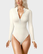 Ribbed Long Sleeve Half-Zip Shaping Bodysuit - view 8