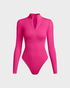 Ribbed Long Sleeve Half-Zip Shaping Bodysuit - view 18