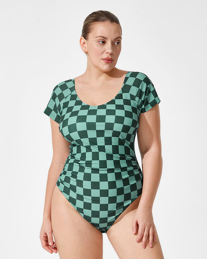 Green Check Short Sleeve Modest One-Piece Swimsuit - view 3