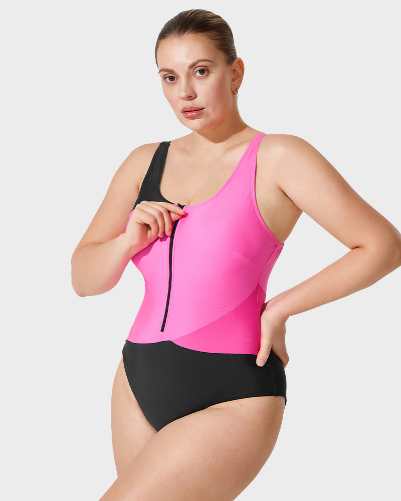 Trendy Color-Blocked Front Zip Tank Swimsuit - view 2