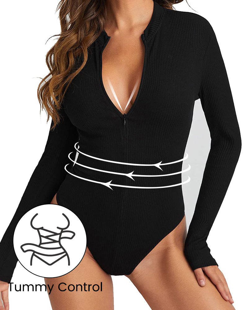 Ribbed Long Sleeve Half-Zip Shaping Bodysuit - view 2