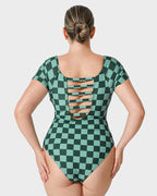 Green Check Short Sleeve Modest One-Piece Swimsuit - view 4
