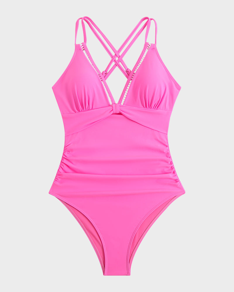 V-Neck Hollow Trim Knotted One-Piece Swimsuit - view 5