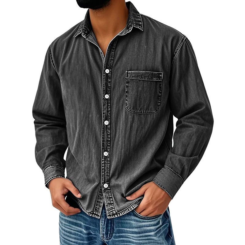Men's Vintage Washed Denim Shirt with Pockets