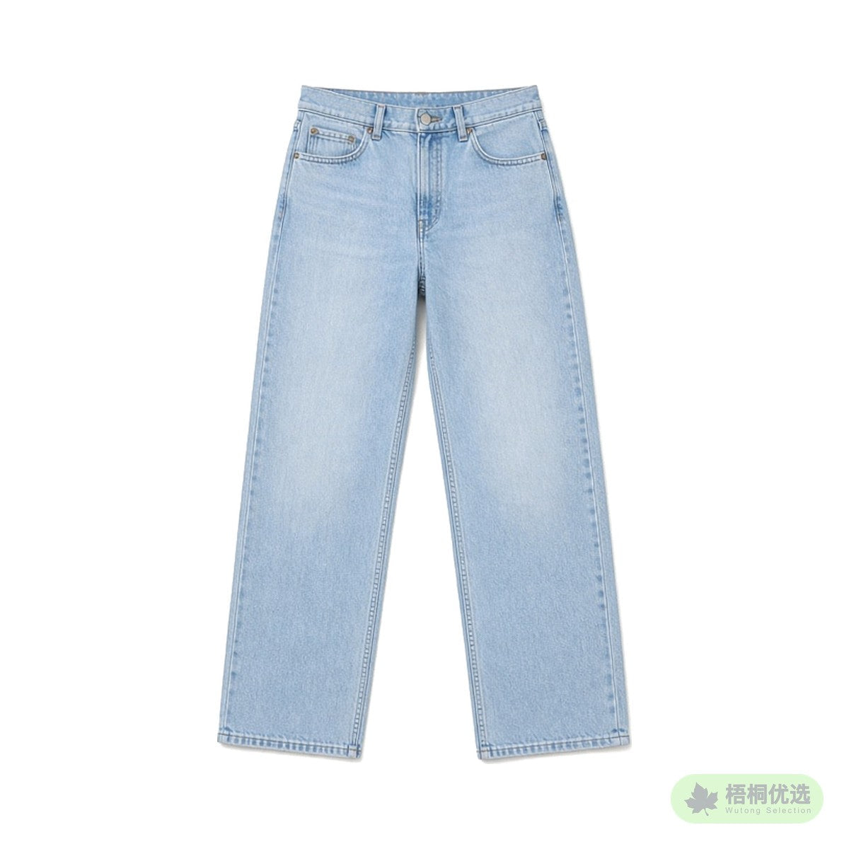 Light blue straight-leg washed jeans laid flat