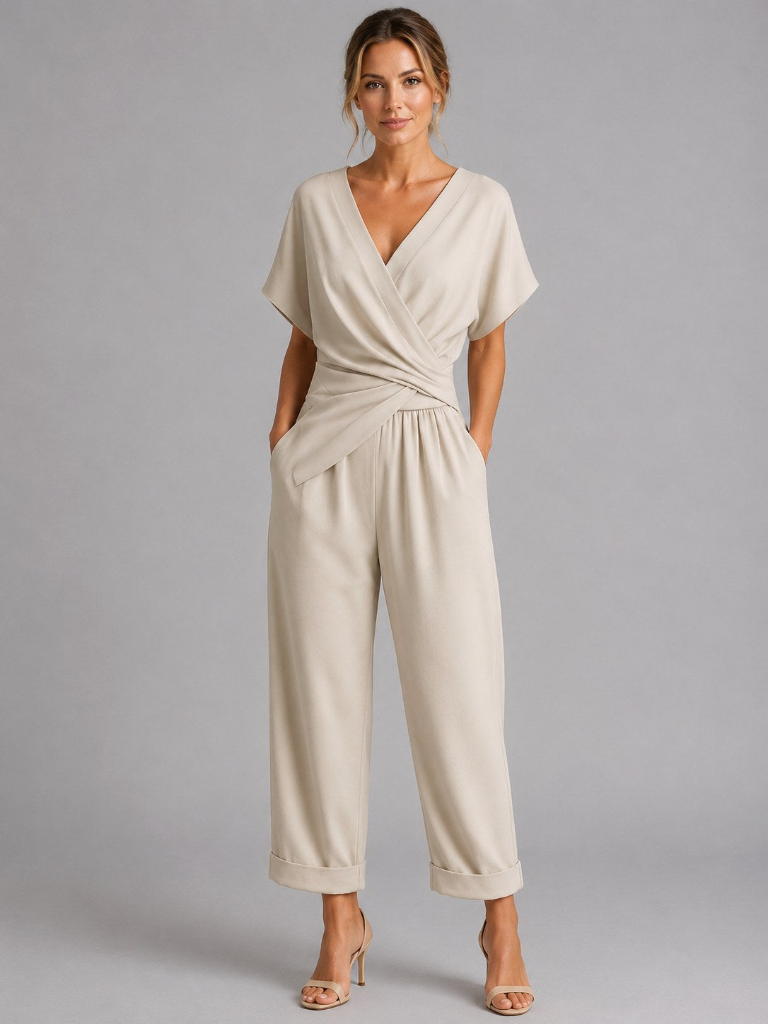 Sylvie | Women's Wrap-Front Two-Piece Set, Relaxed Cropped Trousers