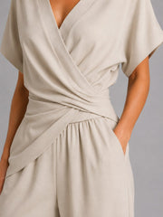 Sylvie | Women's Wrap-Front Two-Piece Set, Relaxed Cropped Trousers