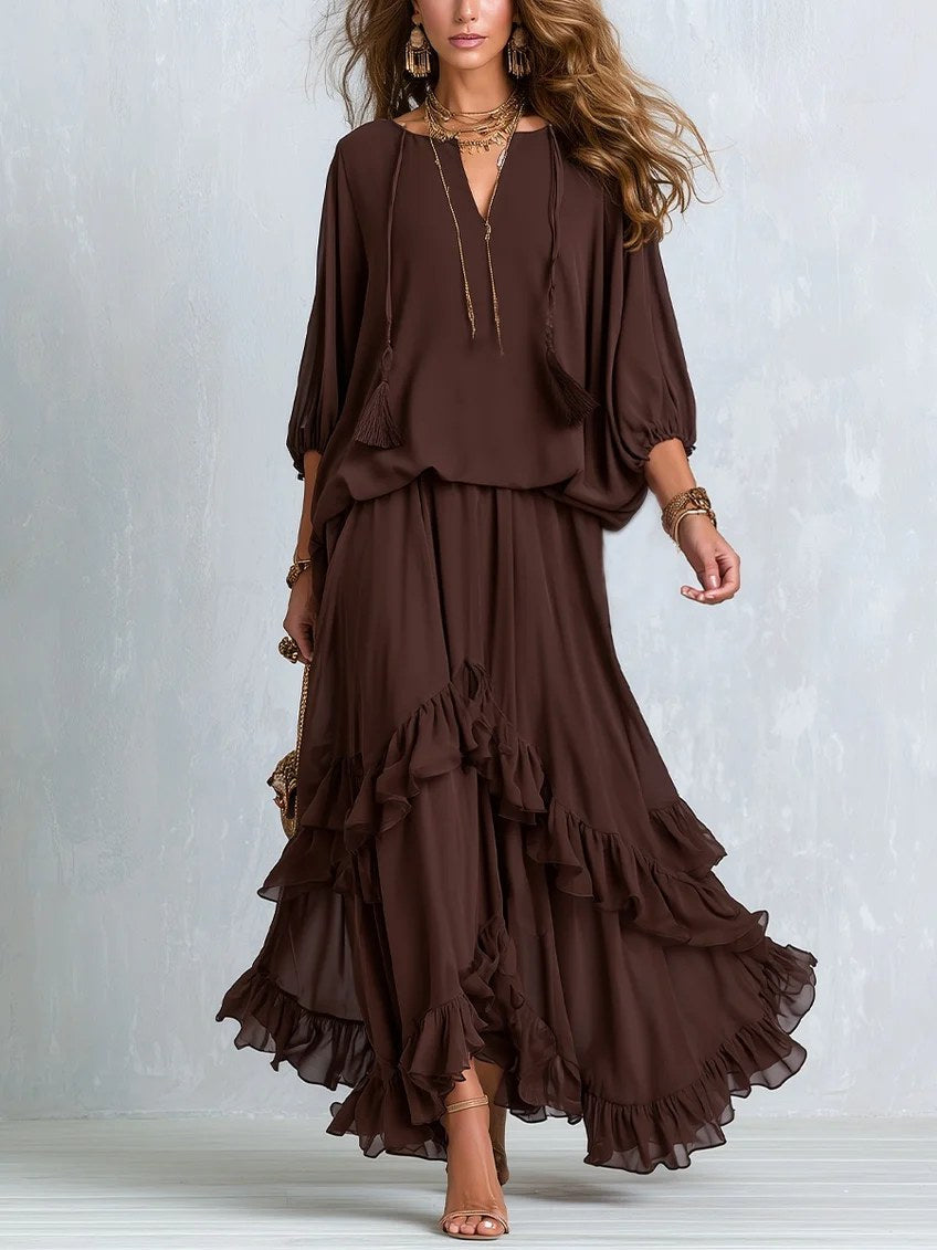 Kelsey | Women's V-Neck Tie Blouse with Layered Maxi Skirt, Two-Piece Set