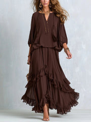 Kelsey | Women's V-Neck Tie Blouse with Layered Maxi Skirt, Two-Piece Set
