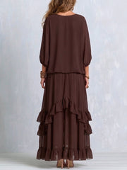 Kelsey | Women's V-Neck Tie Blouse with Layered Maxi Skirt, Two-Piece Set