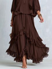Kelsey | Women's V-Neck Tie Blouse with Layered Maxi Skirt, Two-Piece Set