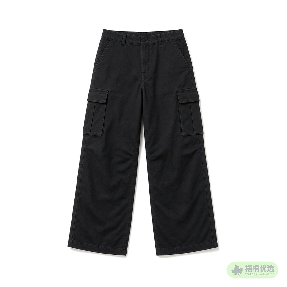 Black wide-leg cargo pants with side pockets laid flat