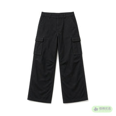 Black wide-leg cargo pants with side pockets laid flat