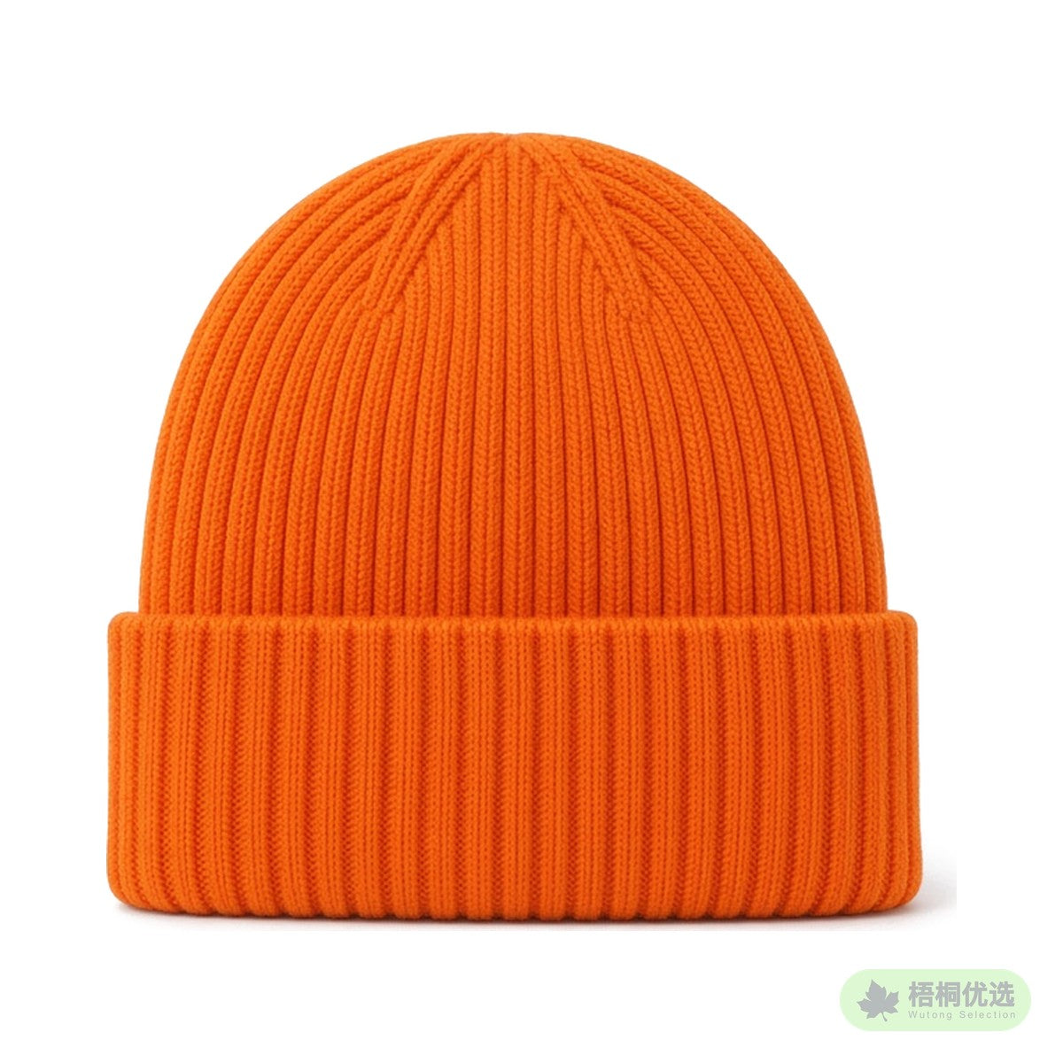 Orange ribbed wool blend beanie with a folded cuff